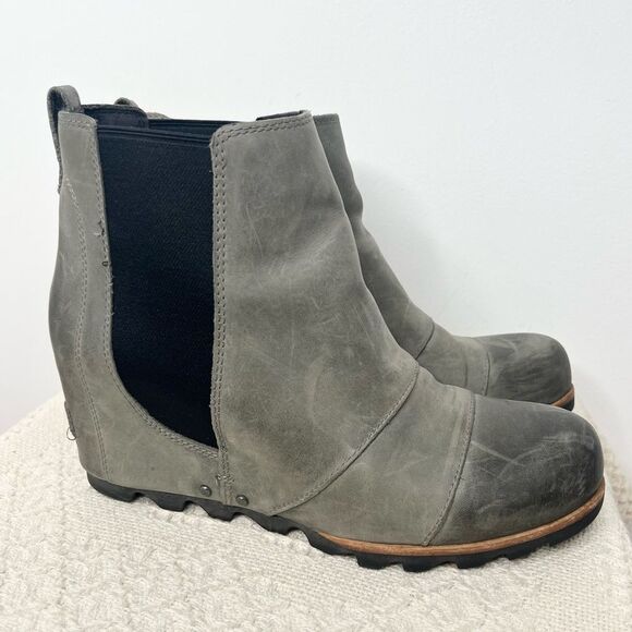 Sorel Lea leather wedge ankle boot booties gray factory distressed round toe - Picture 6 of 9